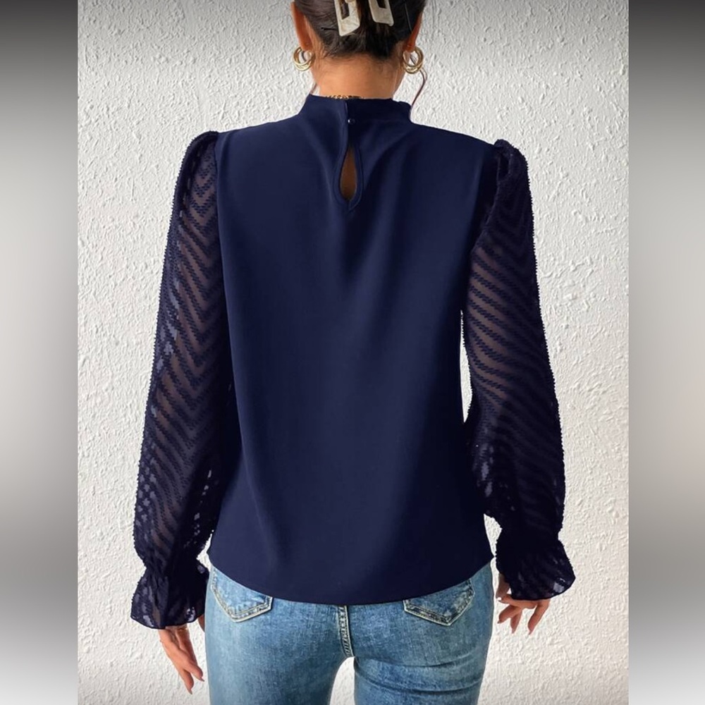 SHEIN Navy Blouse with Sheer Sleeves - Picture 2 of 9
